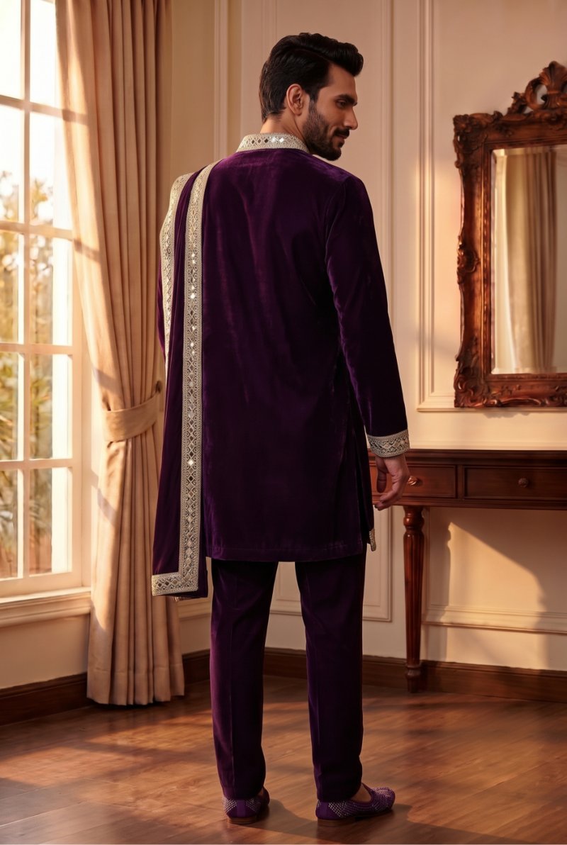 Purple Outluk Wedding Vol 53 Heavy Lachaka Mens Kurta Pajama With Dupatta W5304